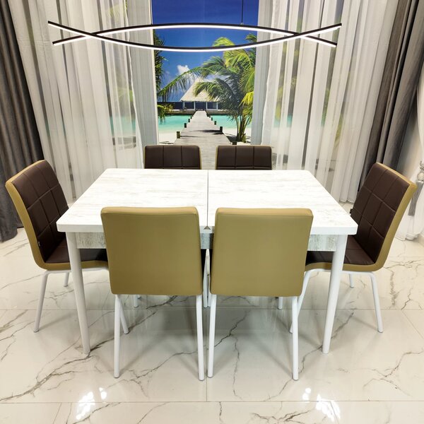 Set masa extensibila Napoli Pin antichizat cu 6 scaune Miami, DENVER, tapiterie din piele ecologica maro-bej, picioare vopsite alb, 130x80x76 cm
