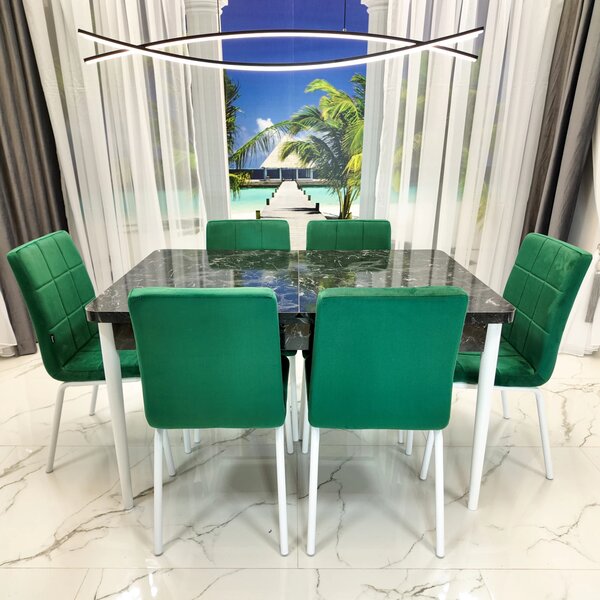 Set masa extensibila Napoli Black Marble cu 6 scaune Miami, DENVER, tapiterie din catifea verde, picioare vopsite alb, 130x80x76 cm