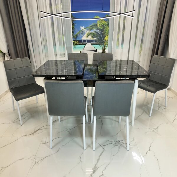 Set masa extensibila Napoli Black Marble cu 6 scaune Miami, DENVER, tapiterie din catifea gri, picioare vopsite alb, 130x80x76 cm