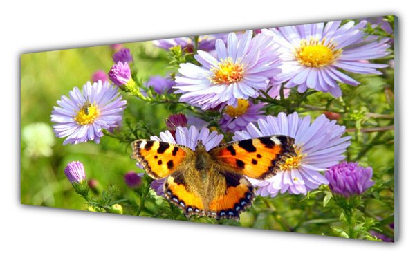 Panou sticla bucatarie Flori fluture Natura Portocaliu Violet Galben Verde