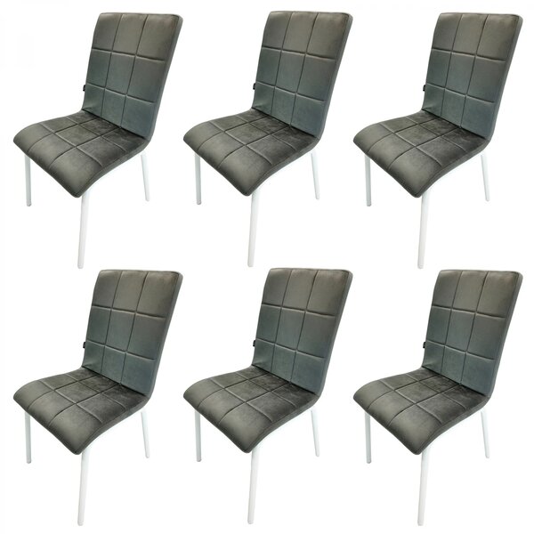Set 6 scaune Miami, DENVER, catifea gri, picioare metalice albe, 53x53x86 cm