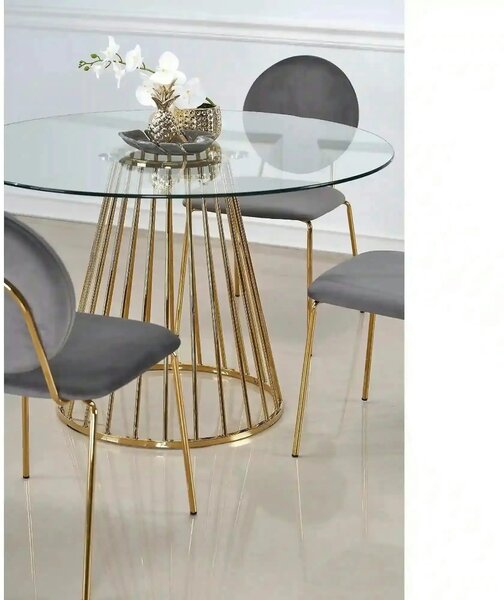 Masa sticla rotunda bucatarie LIVERPOOL, transparent/auriu, 120x120x75