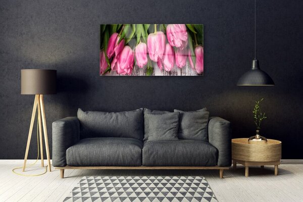 Tablou pe sticla Lalele Floral Roz Verde