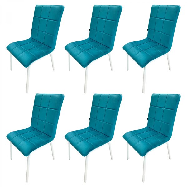 Set 6 scaune Miami, DENVER, catifea turcoaz, picioare metalice albe, 53x53x86 cm