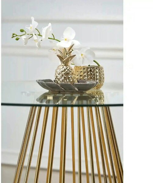 Masa sticla rotunda bucatarie LIVERPOOL, transparent/auriu, 120x120x75