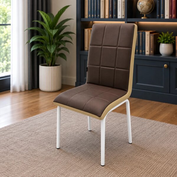 Scaun Miami, DENVER, piele ecologica maro si bej , picioare metalice albe, 53x53x82 cm