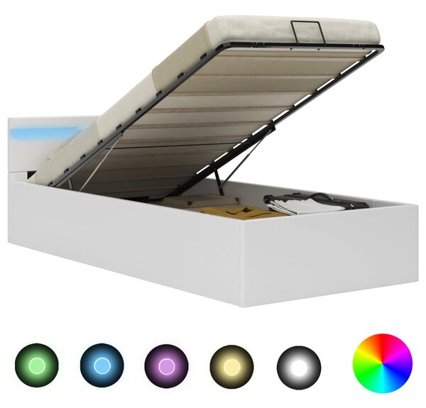 Cadru pat hidraulic cu ladă LED alb 90x200 cm piele ecologică