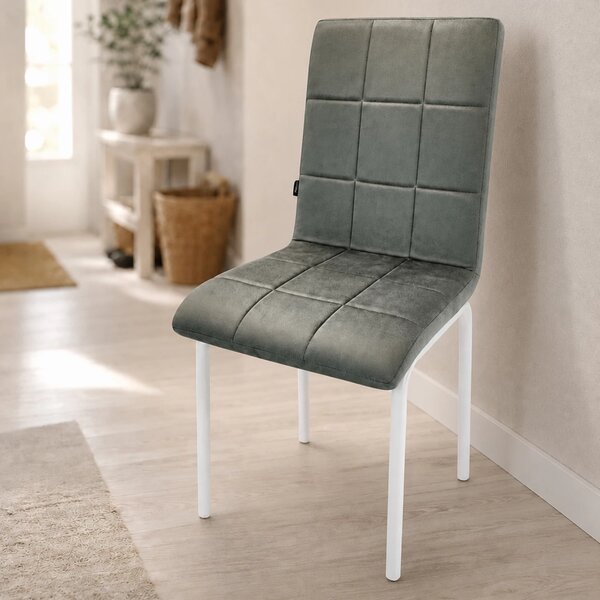 Scaun Miami, DENVER, catifea gri, picioare metalice albe, 53x53x82 cm