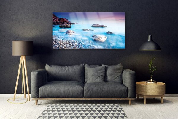 Tablou pe sticla Sea Stones Beach Peisaj Albastru Gri Roz
