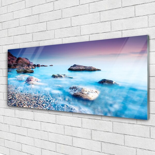 Tablou pe sticla Sea Stones Beach Peisaj Albastru Gri Roz