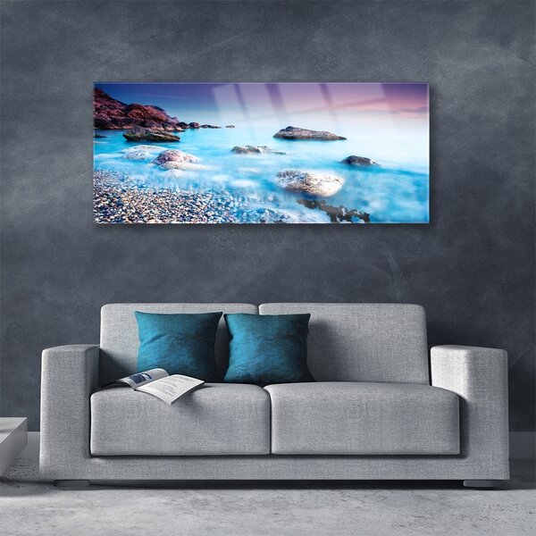 Tablou pe sticla Sea Stones Beach Peisaj Albastru Gri Roz