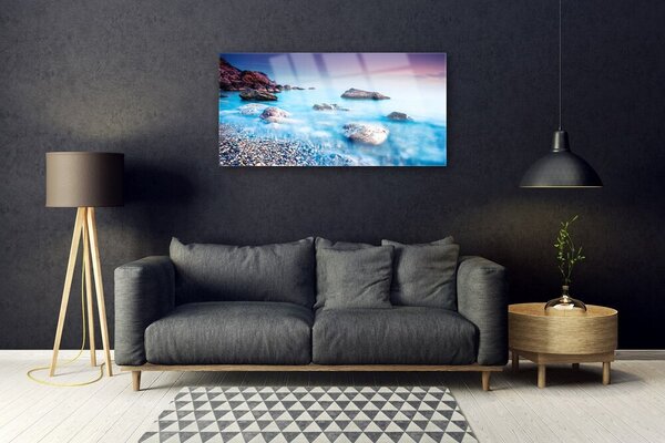 Tablou pe sticla Sea Stones Beach Peisaj Albastru Gri Roz