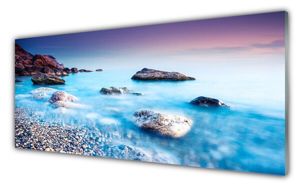 Tablou pe sticla Sea Stones Beach Peisaj Albastru Gri Roz
