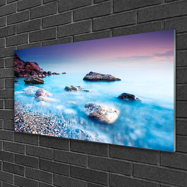 Tablou pe sticla Sea Stones Beach Peisaj Albastru Gri Roz