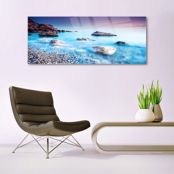 Tablou pe sticla Sea Stones Beach Peisaj Albastru Gri Roz