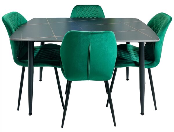 Set masa Viena neagra cu 4 scaune Goteborg verde, DENVER, blat ceramica, picioare negre, 120x80 cm