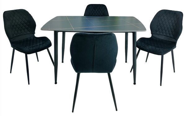 Set masa Viena neagra cu 4 scaune Goteborg negre, DENVER, blat ceramica, picioare negre, 120x80 cm