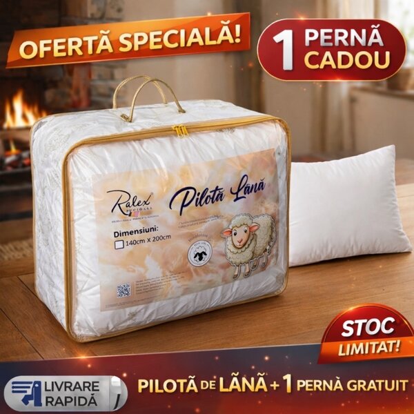 Pachet Promo Pilotă 140 x 200 cm din Lână + 1 Perna Cadou 50x70 cm