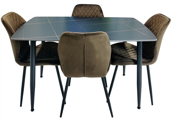 Set masa Viena neagra cu 4 scaune Goteborg maro, DENVER, blat ceramica, picioare negre, 120x80 cm