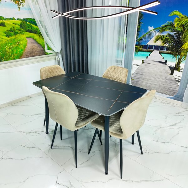 Set masa Viena neagra cu 4 scaune Goteborg bej, DENVER, blat ceramica, picioare negre, 120x80 cm
