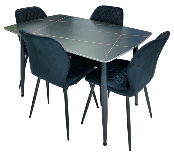 Set masa Viena neagra cu 4 scaune Goteborg negre, DENVER, blat ceramica, picioare negre, 120x80 cm