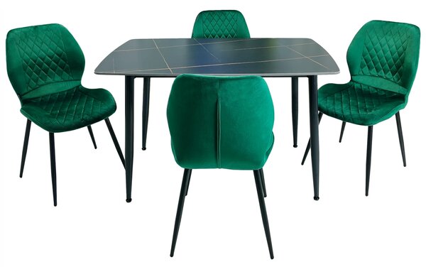 Set masa Viena neagra cu 4 scaune Goteborg verde, DENVER, blat ceramica, picioare negre, 120x80 cm