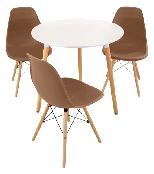 Set masa Salzburg alba cu 3 scaune Malmo cappuccino, DENVER, blat MDF alb, forma rotunda, 80x74 cm