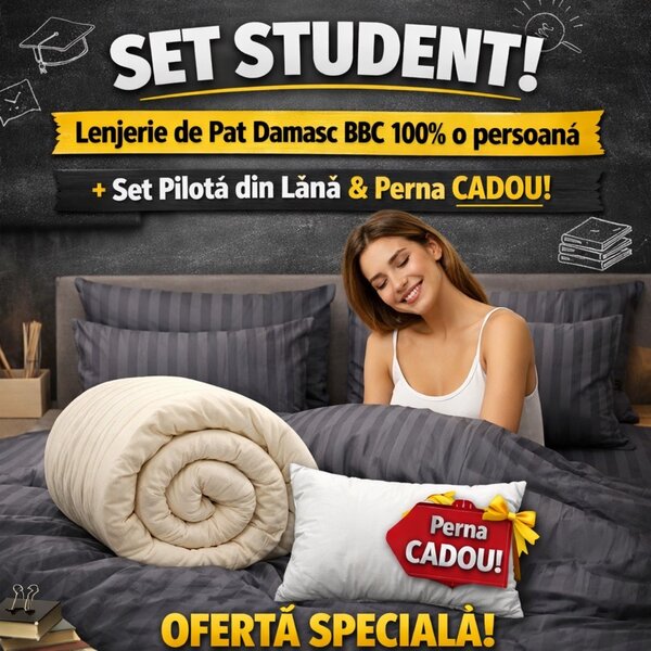 Set Student Lenjerie Damasc 100% Bumbac + Pilotă Lana + Pernă Cadou