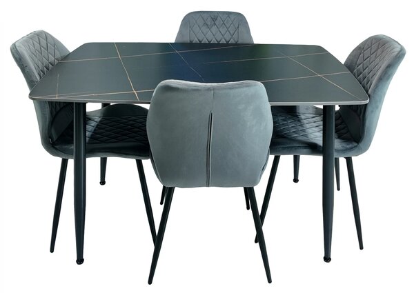 Set masa Viena neagra cu 4 scaune Goteborg gri, DENVER, blat ceramica, picioare negre, 120x80 cm