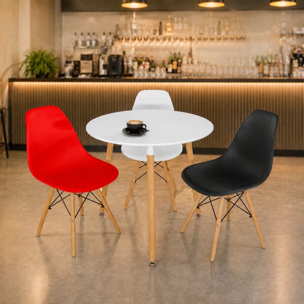 Set masa Salzburg alba cu 3 scaune Malmo multicolore Rosu,Alb,Negru, DENVER, blat MDF alb, forma rotunda, 80x74 cm