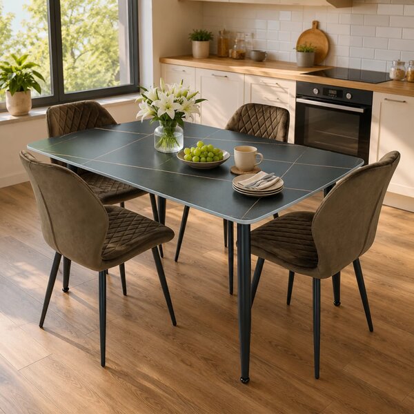 Set masa Viena neagra cu 4 scaune Goteborg maro, DENVER, blat ceramica, picioare negre, 120x80 cm