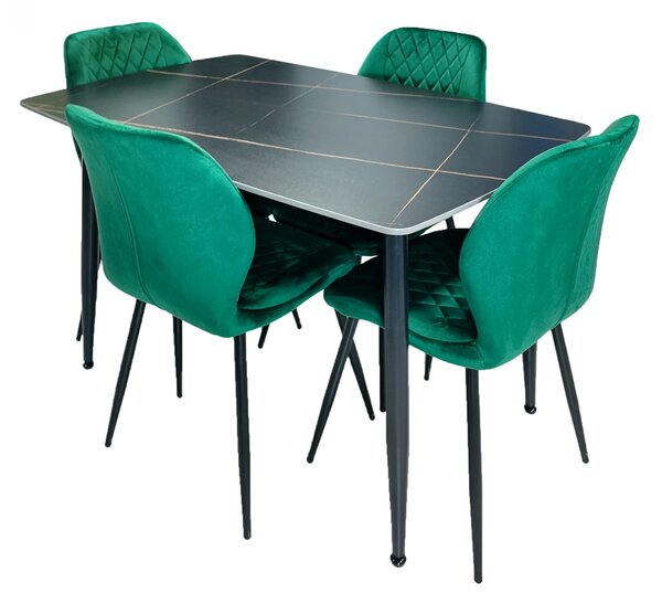 Set masa Viena neagra cu 4 scaune Goteborg verde, DENVER, blat ceramica, picioare negre, 120x80 cm