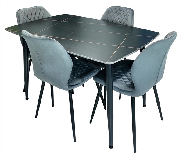 Set masa Viena neagra cu 4 scaune Goteborg gri, DENVER, blat ceramica, picioare negre, 120x80 cm