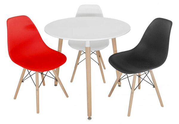Set masa Salzburg alba cu 3 scaune Malmo multicolore Rosu,Alb,Negru, DENVER, blat MDF alb, forma rotunda, 80x74 cm