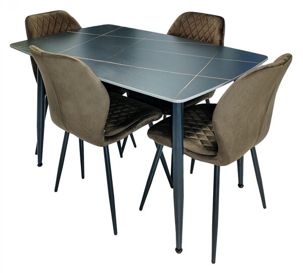Set masa Viena neagra cu 4 scaune Goteborg maro, DENVER, blat ceramica, picioare negre, 120x80 cm