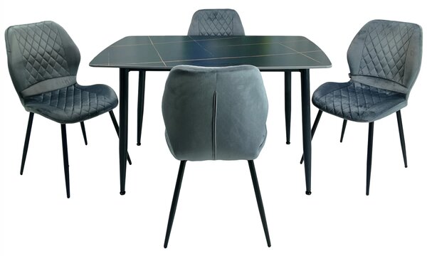 Set masa Viena neagra cu 4 scaune Goteborg gri, DENVER, blat ceramica, picioare negre, 120x80 cm