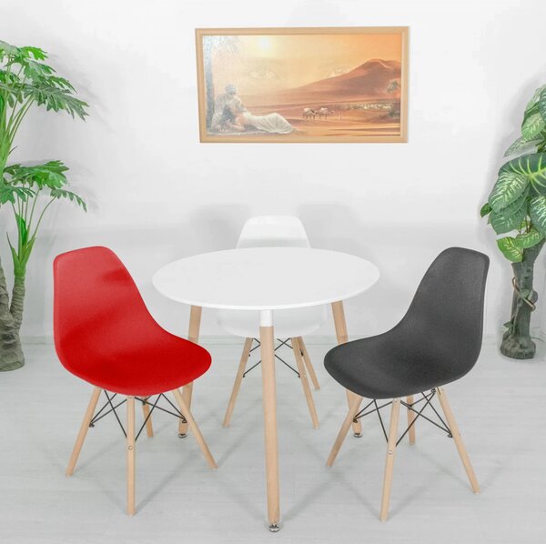 Set masa Salzburg alba cu 3 scaune Malmo multicolore Rosu,Alb,Negru, DENVER, blat MDF alb, forma rotunda, 80x74 cm