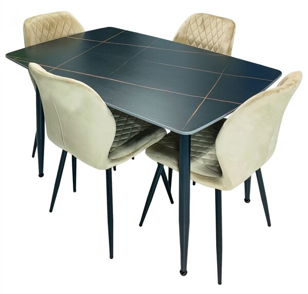 Set masa Viena neagra cu 4 scaune Goteborg bej, DENVER, blat ceramica, picioare negre, 120x80 cm