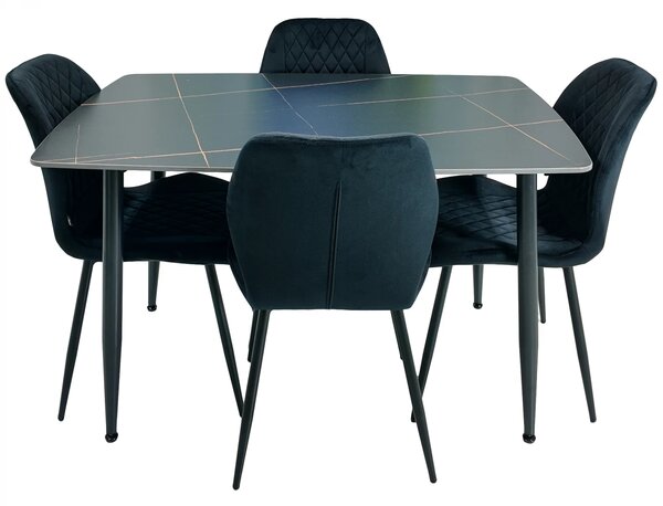 Set masa Viena neagra cu 4 scaune Goteborg negre, DENVER, blat ceramica, picioare negre, 120x80 cm