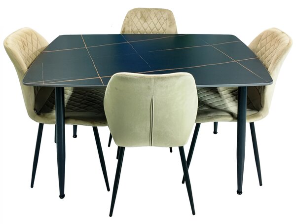 Set masa Viena neagra cu 4 scaune Goteborg bej, DENVER, blat ceramica, picioare negre, 120x80 cm