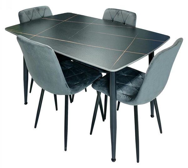 Set masa Viena neagra cu 4 scaune Kobe gri, DENVER, blat ceramica, picioare negre, 120x80 cm