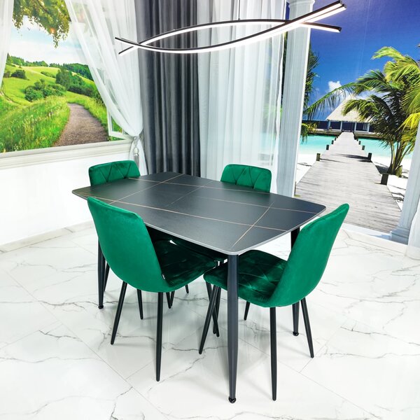 Set masa Viena neagra cu 4 scaune Kobe verde, DENVER, blat ceramica, picioare negre, 120x80 cm