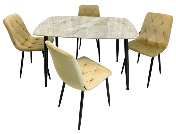 Set masa Viena gri cu 4 scaune Kobe bej, DENVER, blat ceramica, picioare negre, 120x80 cm