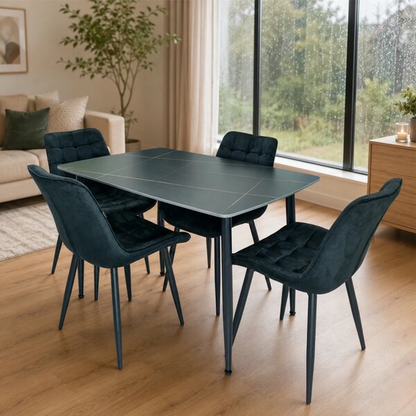 Set masa Viena neagra cu 4 scaune Osaka negre, DENVER, blat ceramica, picioare negre, 120x80 cm