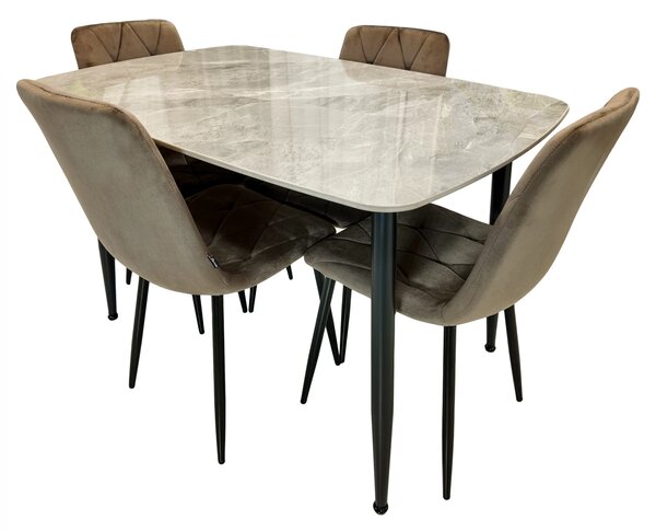 Set masa Viena gri cu 4 scaune Kobe maro, DENVER, blat ceramica, picioare negre, 120x80 cm