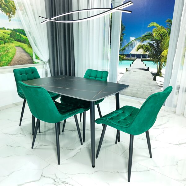 Set masa Viena neagra cu 4 scaune Osaka verde, DENVER, blat ceramica, picioare negre, 120x80 cm