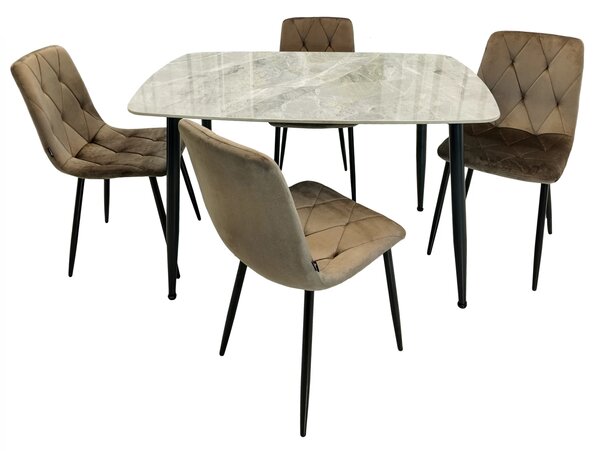 Set masa Viena gri cu 4 scaune Kobe maro, DENVER, blat ceramica, picioare negre, 120x80 cm