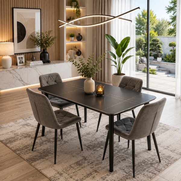 Set masa Viena neagra cu 4 scaune Kobe gri, DENVER, blat ceramica, picioare negre, 120x80 cm