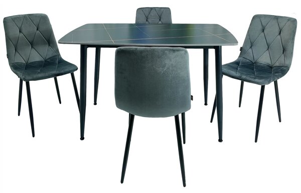 Set masa Viena neagra cu 4 scaune Kobe gri, DENVER, blat ceramica, picioare negre, 120x80 cm