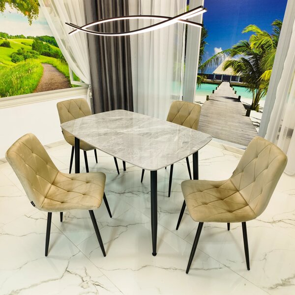 Set masa Viena gri cu 4 scaune Kobe bej, DENVER, blat ceramica, picioare negre, 120x80 cm